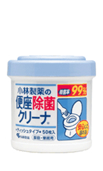 小林製藥座廁殺菌消毒巾， 清潔廁板、殺菌消毒， 殺菌率達 99%， 用完棄置沖走即可